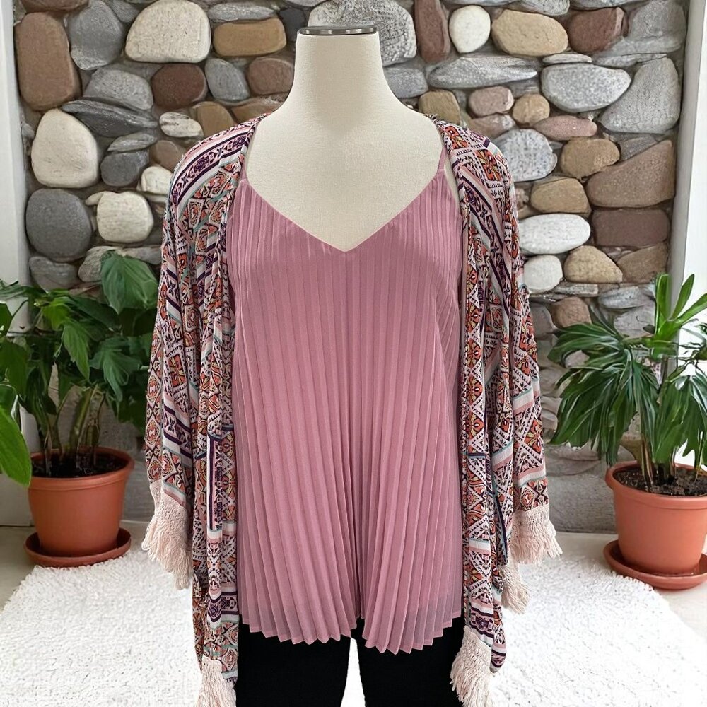 Boho Fringe Kimono And Blush Pleated Cami Tank Top‎ Set Festival Outfit Bundle